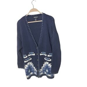 Vintage 90s Mixed Blues blue cardigan sweater southwest aztec‎ womens S